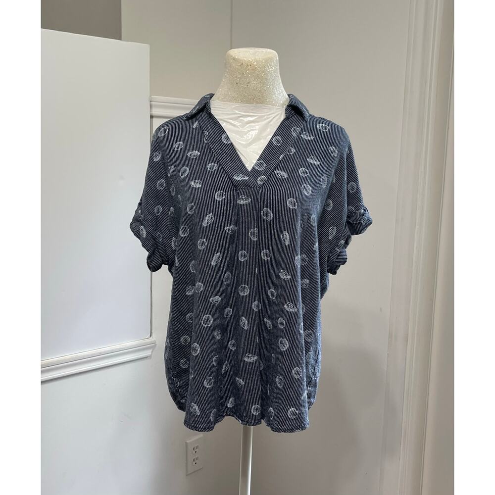 Liz Claiborne Women’s Top Boho Blouse | Blue Striped V-Neck sz M breezy chic